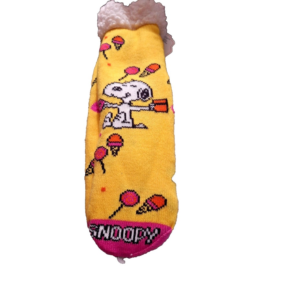 Snoopy Peanuts Sherpa Lined Woodstock Non-Slip‎ Womens  Yellow Socks New